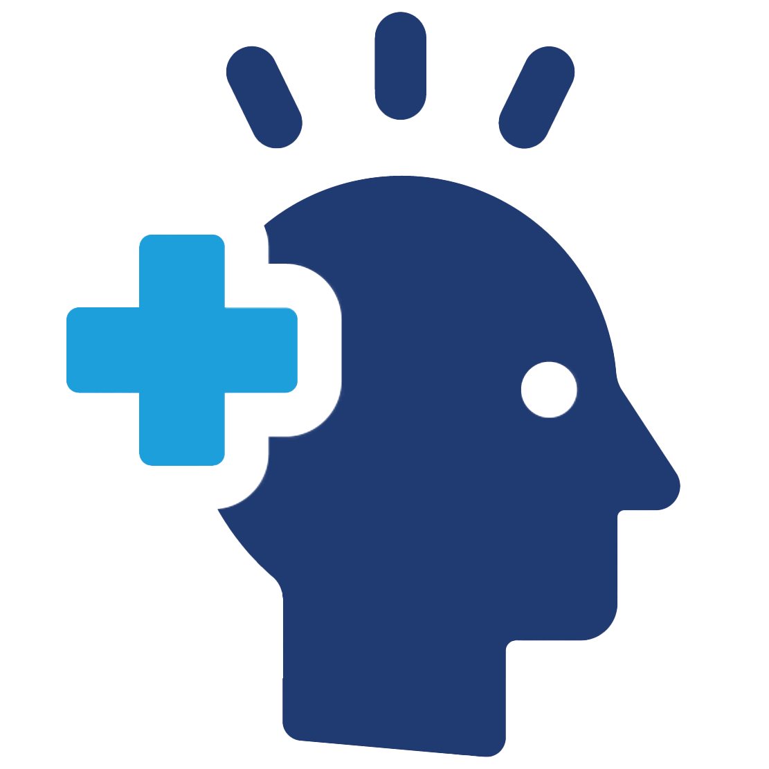 A blue cross is placed on the side of a human head.