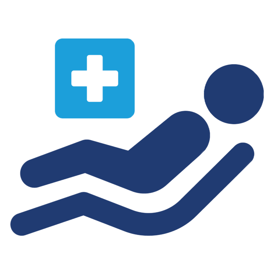 A blue icon of a person laying down next to an emergency sign.